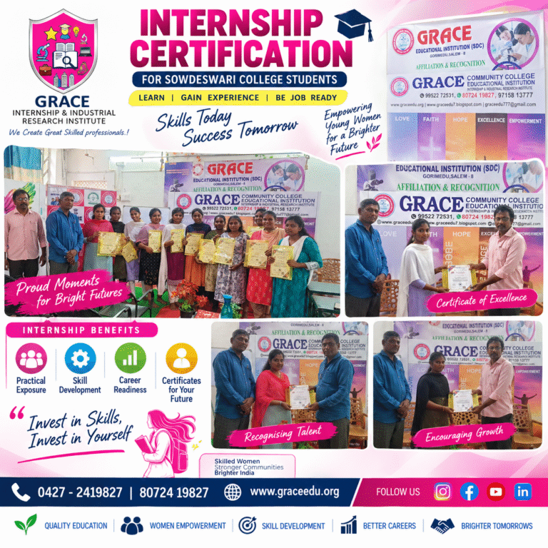Sowdeswari College students receiving internship certificates from Grace Internship and Industrial Research Institute